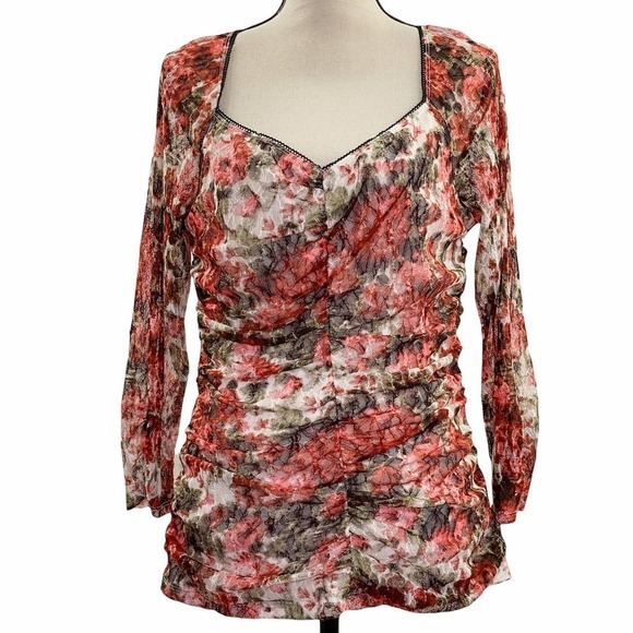 Agb Long Sleeve Printed Sweetheart Neckline Blouse - Picture 1 of 12